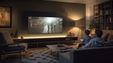 famille qui regarde la télé dans un grand salon moderne