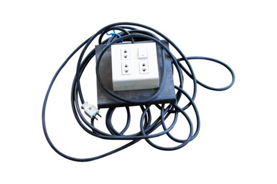 Old cable connector or extension plug black for power board equipped with power cut-off switch to prevent short circuits. Isolated on cut out PNG. Waterproof rubber block. Focus plug foreground. 