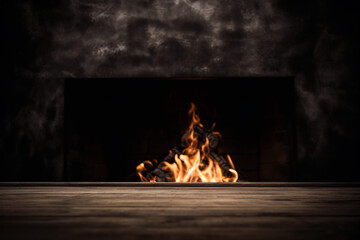 Wooden floor front of burning fire in the fireplace on dark background. High quality photo
