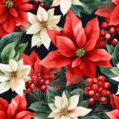 Watercolor Christmas seamless pattern with red and white poinsettia flowers and red berries on the dark background.