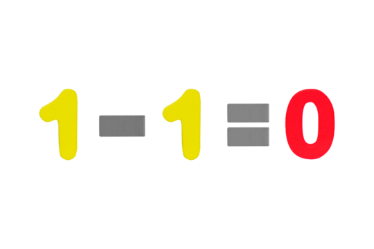 arabic numerals One minus One equals zero 1-1=0 Isolated on cut out PNG. Image of simple math addition operation for kids, math operation to enhance brain skills. Plus, minus, multiply, divide.