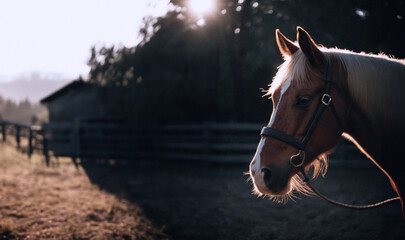 immagine primo piano di testa di cavallo, sfondo spazio rurale e pascoli al tramonto - obrazy, fototapety, plakaty