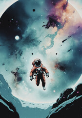 illustrazione di astronauta nella tuta spaziale che fluttua nello spazio con alle spalle una immensa nube di polveri