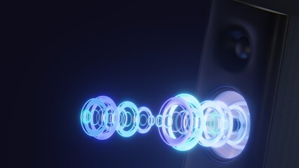 Sound speaker close-up. Audio stereo system. 3d ound speaker in neon light with sound wave from the on dark background. 3d rendering