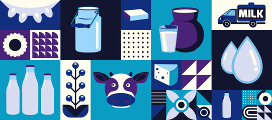 Milk. Bauhaus style. Seamless geometric food pattern. Template for background, banner, card, poster. Vector illustration.	