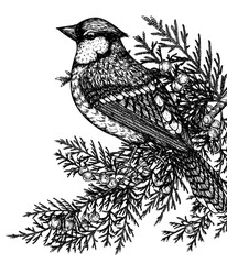 Vector illustration of a blue jay bird on a juniper branch