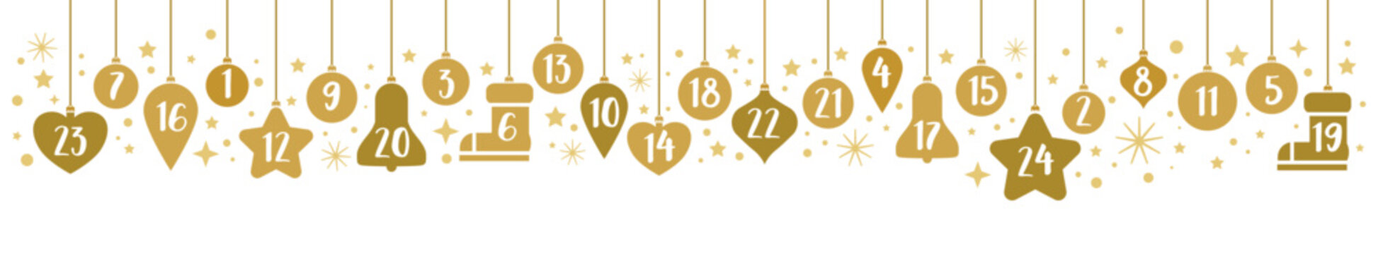 Advent Calendar banner - Christmas baubles golden color with numbers 1 to 24 showing advent calendar for xmas and winter time