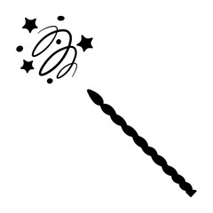 Witchcraft with a magic wand. Silhouette. A twisted wand twisted in a spiral creates a swirling movement of fairy dust. Miracle tool. Vector illustration. Isolated background. Idea for web design. - obrazy, fototapety, plakaty