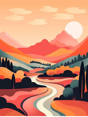 Landscape with river, house and mountains at sunset. Vector illustration.
