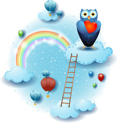 Landscape with clouds, ladder and owl with heart. Fantasy illustration, vector eps10