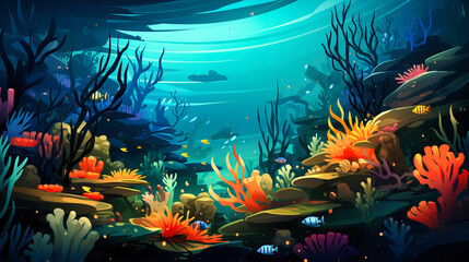 Fototapeta na wymiar Vibrant Underwater Ecosystem with Colorful Coral Reefs and Marine Life in Sunlit Depths