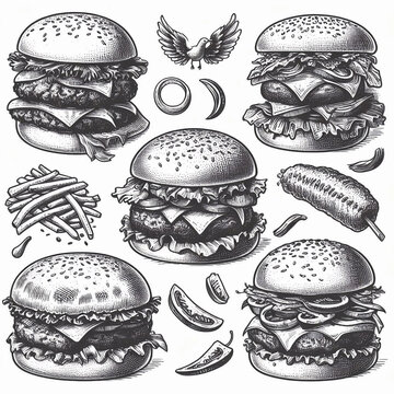 Set with sketch burgers and vegetables. Generative AI.
