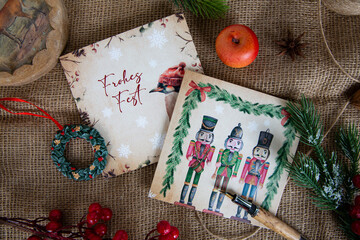 Frohes Fest: Weihnachtskarte mit Nussknacker Motiv und Deko