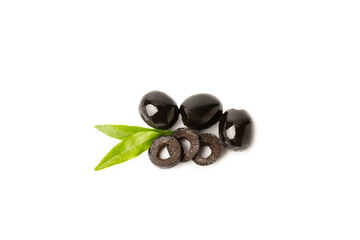 Tasty black olives with leaves isolated on white background. Fresh fruit olives on a white background.