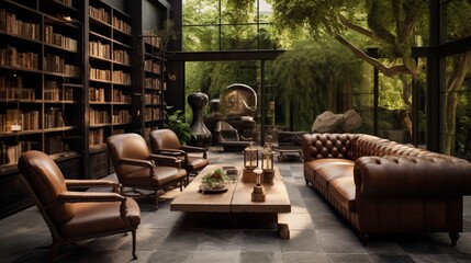 A private outdoor whiskey tasting lounge with leather armchairs and a curated selection. - obrazy, fototapety, plakaty