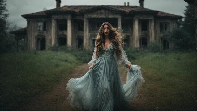 ghostly spirit of woman in a dress guarding mansion by Generative AI