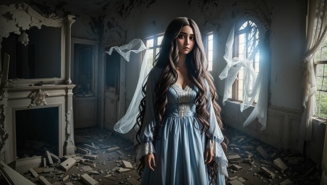 woman in a deserted room of a dilapidated mansion by Generative AI