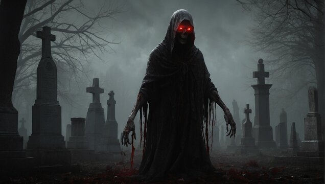 bloody scary ghoul with red eyes in graveyard by Generative AI