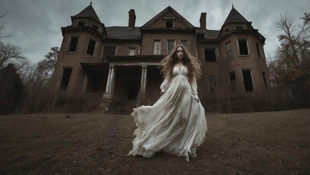 ghostly apparition of woman in long flowing dress and hair by Generative AI