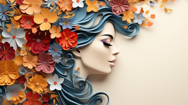 Illustration d'un visage et de fleurs en papier d&eacute;coup&eacute; avec espace de copie pour la journ&eacute;e internationale de la femme.