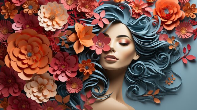 une illustration artistique d'une femme entour&eacute;e d'une vari&eacute;t&eacute; de fleurs color&eacute;es. Ses cheveux sont coiff&eacute;s en vagues fluides et tourbillons, la journ&eacute;e internationale de la femme.
