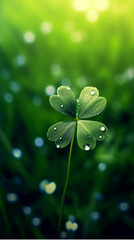 Green clover leaves with drops of water. St. Patrick's Day background