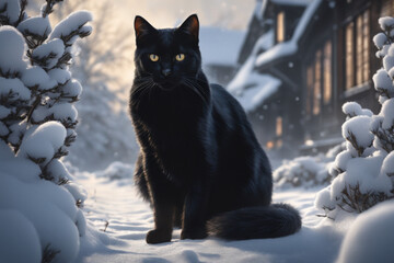Fototapeta premium Schwarze Katze läuft draußen im Schnee . Katze auf der Jagd im Winter . KI Generated