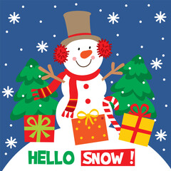 Cute Snowman with Christmas tree and gifts