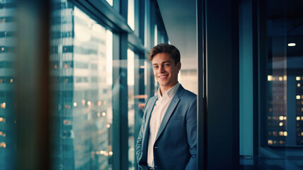 Portrait of a happy businessman standing in a business office building in a city, smiling entrepreneur
