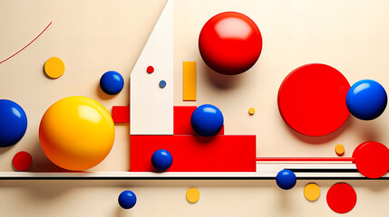 Bold Primary Colors Merge in 3D Geometric Playground of Spheres, Rectangles, and Lines