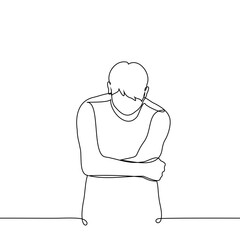 man bent over with his head down hugging himself - one line art vector. concept of self-comfort, stomach pain, cowering from the cold