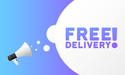 Free delivery sign. Flat, purple, megaphone text, free delivery sign. Vector icon