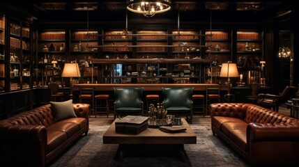 A private outdoor whiskey lounge with leather armchairs and a curated selection. - obrazy, fototapety, plakaty