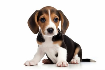 Photo of a playful Beagle puppy with floppy ears on a spotless white surface. Generative AI