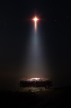 A bright and large star shines brightly, blessing baby Jesus in the manger of the stable. A background and concept that celebrates Christmas and suggests the birth and death of Jesus on the cross.

