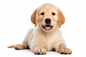 Photo of a playful Golden Retriever puppy sitting on a pure white surface. Generative AI