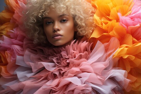 Colourful ruffled Dress Worn by a Blonde Woman With Vibrant Style - High fashion editorial shoot