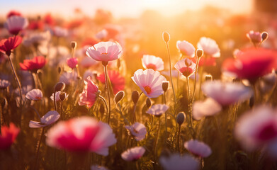 Obraz na płótnie Canvas Flower field in sunlight, spring or summer garden background in closeup macro.