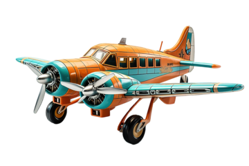 Vintage old yellow blue fighter plane toy isolated PNG Background. Generative Ai.