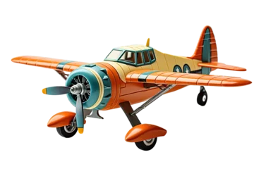 Photo sur Plexiglas Ancien avion Vintage old yellow blue fighter plane toy isolated PNG Background. Generative Ai.