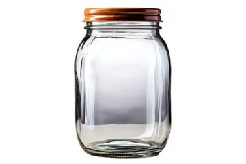 clear tall glass jar with silver lid, transparent, sparkly and brilliant, for food, liquids, sauces, grain, isolated PNG Background. Generative Ai.