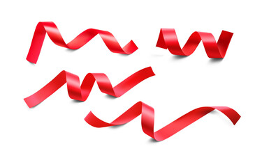Set of red ribbons with transparent shadow. Hight realistic illustration. Ready for your design. Can be used for greeting card, holidays, gifts and etc.