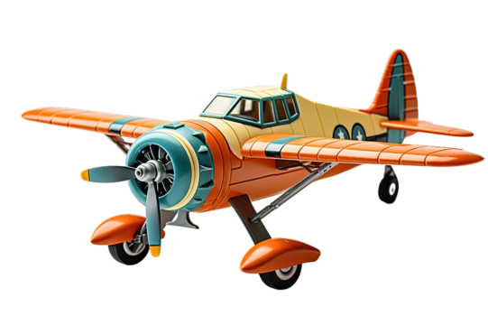 Vintage old yellow blue fighter plane toy isolated PNG Background. Generative Ai.