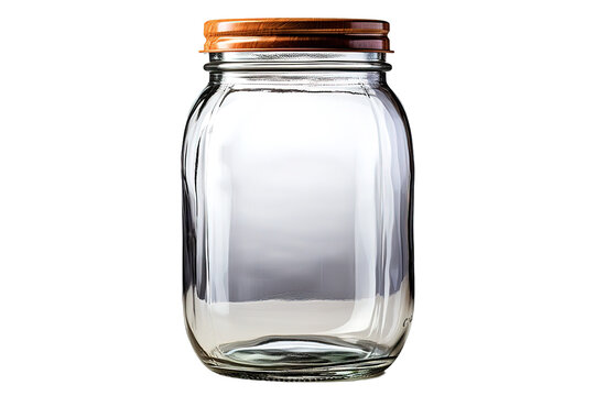 clear tall glass jar with silver lid, transparent, sparkly and brilliant, for food, liquids, sauces, grain, isolated PNG Background. Generative Ai.