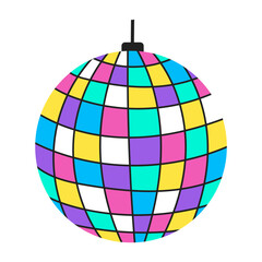 Drawn in flat style disco ball isolated on white background. Disco, dancing, retro illustration.