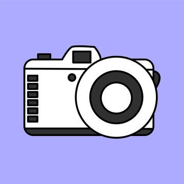 Cute white camera drawn in flat style isolated on lilac background, photography, doodle illustration.