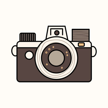Cute minimalistic illustration in trendy retro colors, vintage camera isolated on a light background. Minimalistic film camera in flat style.