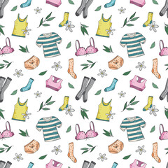 Seamless vector pattern with underwear in a flat style. Ornament with panties, socks and a bra