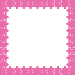 Puzzle background, banner, blank. Background with pink puzzle frame separate pieces, mosaic, details, tiles or parts.