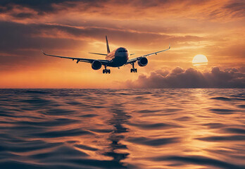 A mesmerizing image of an airplane soaring over the sea during a golden sunset. 